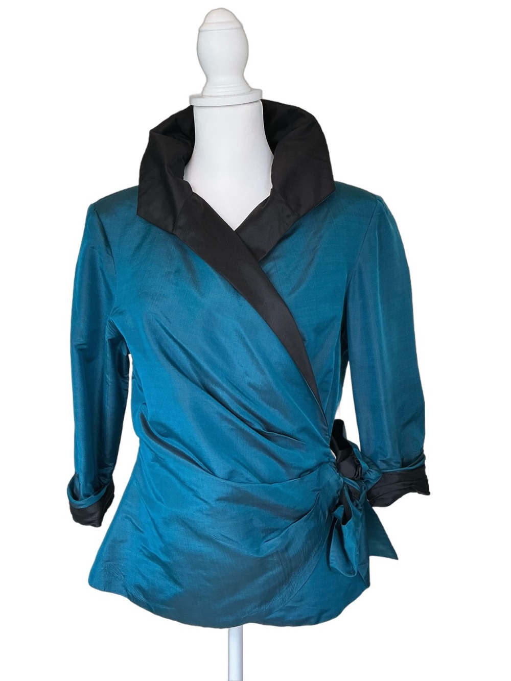 Marisa Baratelli Teal Silk Wrap Blouse with Black Stand-Up Contrast Collar